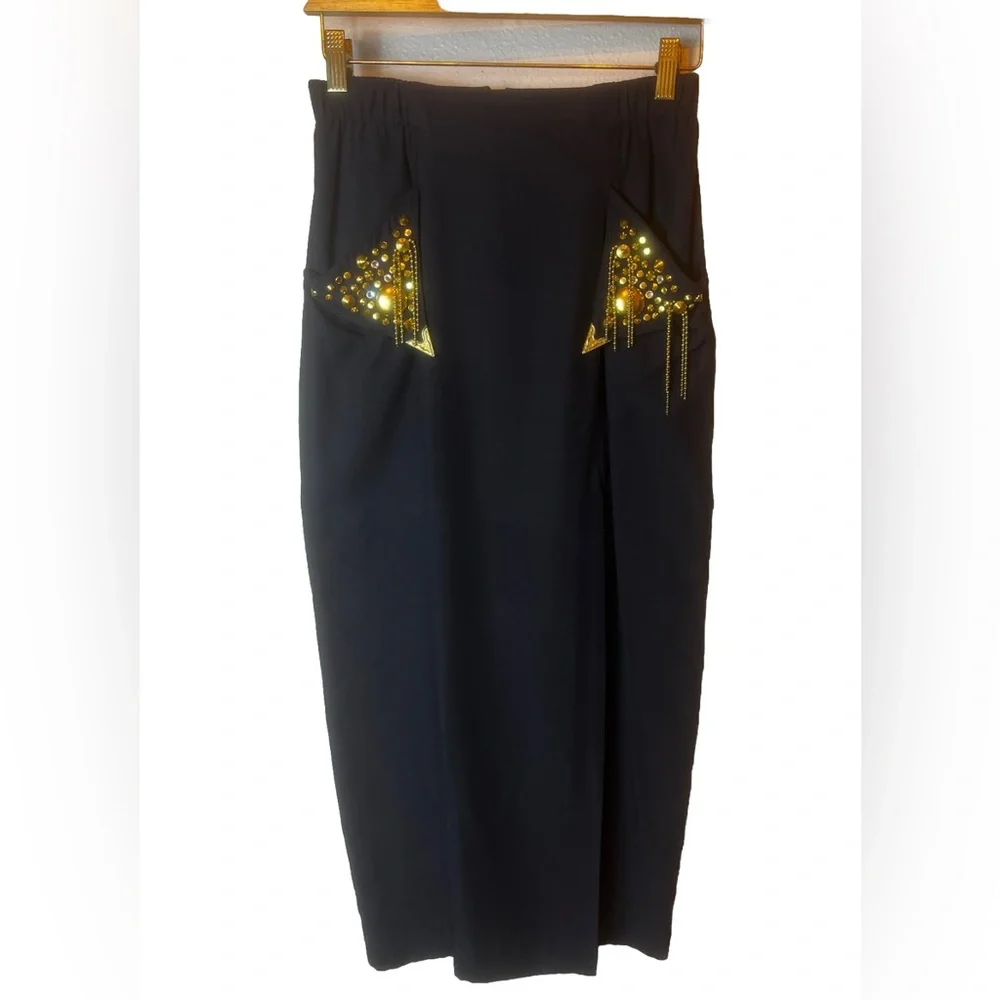 Vintage 80’s Criscione NY/CACHE Gold Embellished Black MIDI Skirt Front Slit XS